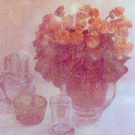 Maria Teresa Fernandes: 'clear roses', 1981 Oil Painting, Floral. Artist Description: glass with objects inside and behind isa big challenge ( this painting won Alfredo Grandini Trophy at APBA )...