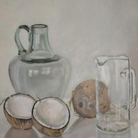 Maria Teresa Fernandes: 'coconuts and amphora', 1980 Oil Painting, Food. Artist Description:  cavities in white coconuts plus volume in convex transparent glass seams impossible,but worth trying   glass against a clear background is a big challenge to any painter                      ...