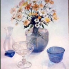 Maria Teresa Fernandes: 'daisies in blue', 1981 Oil Painting, Floral. Artist Description: every transparent object in a different plan.  A real attainment on aclear background...