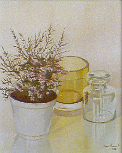 Artist Maria Teresa Fernandes. 'Flowers And White Vase' Artwork Image, Created in 1982, Original Drawing Pencil. #art #artist