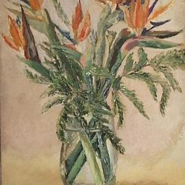 Maria Teresa Fernandes: 'orange flowers', 1968 Oil Painting, Floral. Artist Description: vivid colours but not shocking ( stalks had to be inserted deep into the water )...
