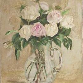 Maria Teresa Fernandes: 'roses in a jug', 1968 Oil Painting, Floral. Artist Description: transparent glass makes stalks a real thing...