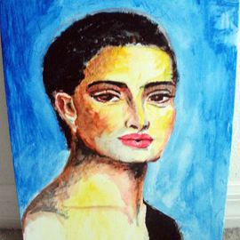 Ina Jinapaia: 'At Midnight', 2014 Acrylic Painting, Portrait. Artist Description:   A woman in deep blue background ...