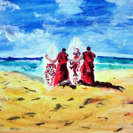Ina Jinapaia: 'Monks with Surf Boards', 2014 Acrylic Painting, Portrait. Artist Description:      Monks with surf boards on beach    ...