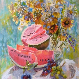 Evgeniya  Erkenova: 'stilllife with watermelon', 2020 Acrylic Painting, Still Life. Artist Description: What could be more beautiful than a sunny summer morning. . . ...