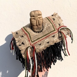 Ezgi Lemur: 'tiny shaman', 2020 Mixed Media Sculpture, Figurative. Artist Description: This is a unique finger puppet with a head carved out of wood and dressing made out of recycled materials.  It is inspired from South American shamans. ...