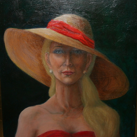 Frederick Kocen Jr: 'MAGGIE', 2012 Oil Painting, Portrait. Artist Description:  Blond in red dress and large red Hat with a red sash. ...
