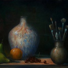 Fred Marsh: 'Models and Tools  A still life', 2010 Oil Painting, Still Life. Artist Description:  The models are ready to start the still life of pears, orange, grapes & a vase   ...