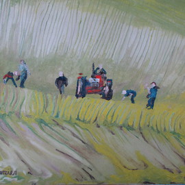 Francois Fournier: 'The Rock Pickers No Two', 2010 Oil Painting, Landscape. Artist Description:  This original oil painting depicts a team of workers picking rocks on a field with a tractor. This is taking place in the Appalachians of Quebec, Canada. This is taking place in the Appalachians of Quebec, Canada.Nature varies itself relentlessly. It is this contact with a persistently ...