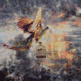 Gabriel Bodnariu: 'the courier', 2016 Oil Painting, Figurative. Artist Description: art, gallery, flying , bird, fish, clouds, light, ...