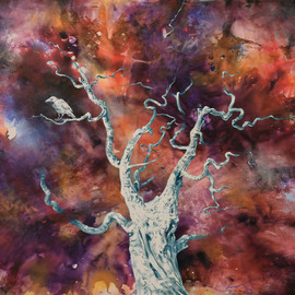 Gabriel Bodnariu: 'the white crow', 2018 Oil Painting, Figurative. Artist Description:  Tree, Sky, Galaxy, Crow, Nebula...