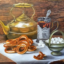 Gala Melnyk: 'bagels', 2020 Oil Painting, Still Life. Artist Description: The still life was painted from nature in the mountainous surroundings. ...