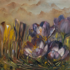Anastasia Gardiner: 'Crocus', 2014 Oil Painting, Floral. Artist Description: Oil on stretched cotton canvas, framed, 33 x 24 cm. The price of painting includes frame.  Recently, I created a series of crocus paintings. Background mountain tips were inspired by Japanese traditional art and a bit of philosophy. Small and fragile things can win over big and robust; ...