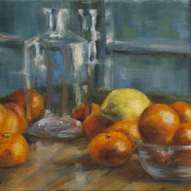 Anastasia Gardiner: 'Orange day', 2014 Oil Painting, Still Life. Artist Description: Oil on stretched cotton canvas, 33 x 24 cm. This painting is not framed. I love eating and painting citruses: lemons, oranges, clementines. They are such bright happy things!  It was painted mostly with pallet knife to accentuate colour rather then detail.           To discover more paintings, please, visit ...