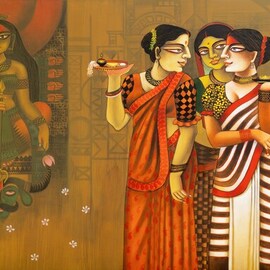 Gautam Mukherjee: 'indian festival', 2023 Acrylic Painting, Figurative. Artist Description: It is a very touching thing that women play vermilion in the puja of Goddess Durga Mata India...