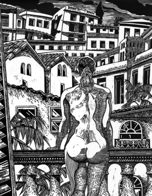 Geo Sipp: 'A Woman on a Balcony in Algiers', 2013 Woodcut, Figurative.  A woodcut depicting a nude woman in a city environment. ...