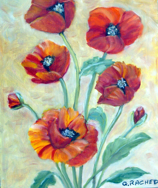 Artist Ghassan Rached. 'Five Poppies' Artwork Image, Created in 2005, Original Painting Oil. #art #artist