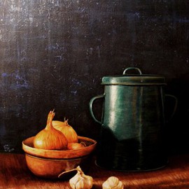 Ivan Grozdanovski: 'Onions and pan fat', 2014 Acrylic Painting, Still Life. Artist Description:                          Onions and pan                Cottage in early spring                        ...
