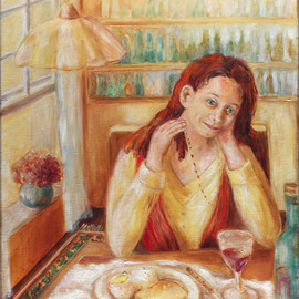 Hana Grosova: 'Dreaming girl', 2005 Oil Painting, Portrait. Artist Description:  This picture shows the dreaming girl  sitting by the table. On the table there is one plate with food and there you can see also one bottle and one glass with drink. ...