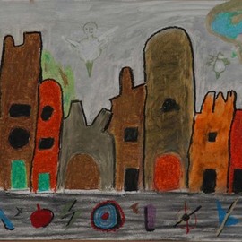 Harris Gulko: 'A Childish View of Downtown', 2004 Oil Painting, Fantasy. Artist Description: I guided and supervised a grandchild who said she wants to i? 1/2paint like a grown- upi? 1/2...