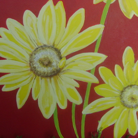 Helen Hachmeister: 'yellow flowers', 2008 Acrylic Painting, Floral. Artist Description:  yellow daisies with red background ...