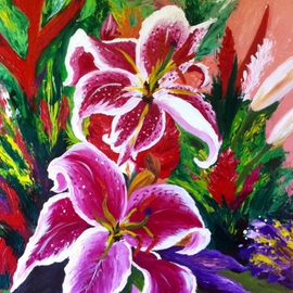 Helen Bellart: 'Tropical garden', 2015 Acrylic Painting, Fauna. Artist Description:   exotic, flowers, orchidea, painting, contemporary art, artwork,        Original painting - Format: 73cmx 60cm - oil on canvas, stretched on a wooden frame - The work is signed on the front and back. - Sealed with protective lacquer. The painting is a beautiful piece of painter Helen Bellart 