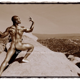 Henning Von Berg: 'HEROIC', 2003 Color Photograph, nudes. Artist Description:  Model Damion climbing a steep cliff in Vasquez Rocks National Park, California. The photograph was published in the coffee table book ALPHA MALES. This image is presented in elegant sepia tone with sloppy borders on quality paper. A special 'panorama version' also is available.  ...