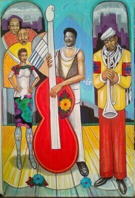 Hampton Olfus: 'freds jamming', 2023 Acrylic Painting, Music. A ultra modern jazz club fantasy, featuring Fred Sanford aka Red Fox on bass.  A contemporary classical art mix, with a little humor ...