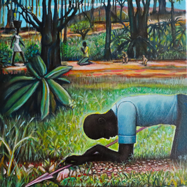 Hampton Olfus: 'working playing and praying', 2020 Acrylic Painting, Ethnic. Artist Description: This art work is a visual of what animals on all levels do, in some form or another.  The female s work is never done, while the male mixes his duties, and the youths of all species play. ...