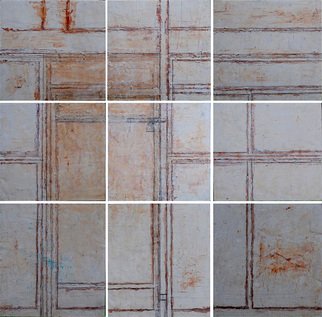 Hope Brooks: 'the door', 2018 Mixed Media, Abstract Figurative.  Painting for my friend Dr. David Boxer, celebrated artist and curator of the National Gallery of Jamaica.  Death is like a door that once passed is forever locked. Size: 9 panels ea. 18  X  8 Medium: modelong paste and gouache.Year: 2018...