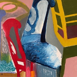 Howard Brotman: 'Russian Roulette', 2016 Oil Painting, Abstract Figurative. Artist Description: Russian Roulette - - Playing with positive and negative space, the chair acts as the vehicle in this piece.  The basic colors of blue, red and yellow contrast against the action and movement of the forms.  Note, in the room simulation image the ratio of the art to the objects ...