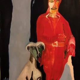 Mert Ulcay: 'trans and the dog', 2019 Oil Painting, Figurative. Artist Description: As the face appeared I formed this painting around it. Love the overalls on her. This flamboyant looking trans had to have a company. And for me the best company was a dog. Intentionally I showed his tongue out with a touchy look. The two of them make ...