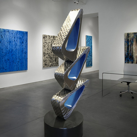 Hunter Brown: 'cascade ii', 2019 Steel Sculpture, Abstract. Artist Description: Modern sculpture design with an art deco feel, constructed in 316 grade stainless steel, with contrasting brush patterns and blue automotive accent on the interior planes. ...