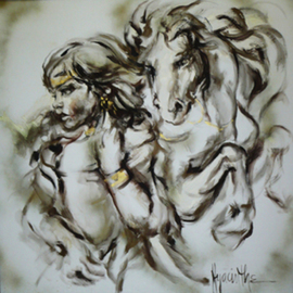 Hyacinthe Kuller-baron: 'CASSANDRA and WHITE HORSE', 1980 Oil Painting, Figurative. Artist Description:   Artist, Author, Poet, Hyacinthe Kuller Baron creates her own mythology in a series of iconic paintings, Giclee prints and published books that comprise Cassandra's Tear 