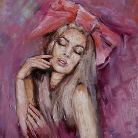 Igor Navrotskyi: 'pink bow', 2022 Oil Painting, Portrait. Artist Description: Original. The painting is made entirely by hand with oil paints and varnished.  Stretched natural Italian canvas.  High- quality performance, interesting plot, juicy and bright colors.  This work of art will be a worthy decoration of your interior.  Suitable for home and office.  It will be a wonderful ...