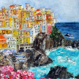 Indrani Ghosh: 'cinque terre mini oil painting', 2023 Oil Painting, Landscape. Artist Description: Measuring only a few inches in size, this mini oil painting manages to capture the grandeur and charm of Cinque Terre in a small but captivating format. It serves as a reminder of the timeless beauty and serenity of this Italian coastal paradise, making it a cherished piece ...