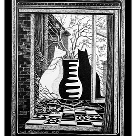 Irina Maiboroda: 'From a triptych Silhouettes I I I', 2009 Acrylic Painting, Surrealism. Artist Description: cat, cats, acrylic, surreal, imagination, black, white, triptych, silhouette...