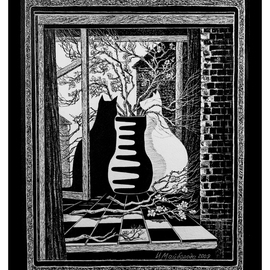 Irina Maiboroda: 'From a triptych Silhouettes I  ', 2009 Acrylic Painting, Surrealism. Artist Description: cat, cats, acrylic, surreal, imagination, black, white, triptych, silhouette, allegory. ...