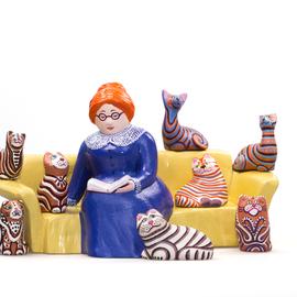 Irina Maiboroda: 'reading lady and her cats', 2015 Ceramic Sculpture, Figurative. Artist Description: funny, retro, reading, sculpture, cats, book,ceramic, polymeric clay...