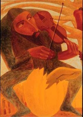 Israel Tsvaygenbaum: 'The Man and Mouse', 1997 Oil Painting, People.  Tsvaygenbaumi? 1/2s painting The Man and Mouse is about a violinist who plays about our life what might happen to us if we lose our values. In the tree, we see a Torah scroll with a mouse on it. The mouse symbolizes the tragedies that people have had and what...