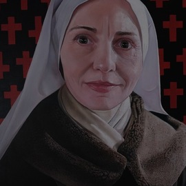 James Earley: 'Olga by James Earley', 2020 Oil Painting, Portrait. Artist Description: I met Olga in Winchester Uk in December 2019.  She had visited England to help raise awareness of issues such as homelessness and poverty.  She was a Nun from Minsk in Belarus.I was struck by her purity and honesty.  She had total commitment to kindness and empathy....