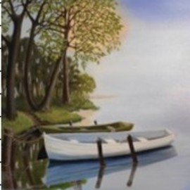 Janet Glatz: 'two boats', 2020 Oil Painting, Landscape. Artist Description: Two old boats are tethered to a post alongside a small finger of land in a quiet lake. ...