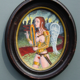 Jeffrey Dickinson: 'Crusader', 2008 Oil Painting, Surrealism. Artist Description:   Surreal nude oil painting on panel in vintage oval frame.    ...