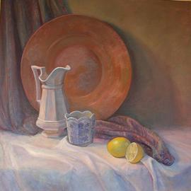 Judith Fritchman: 'Copper Tray and Pitcher', 2004 Oil Painting, Still Life. Artist Description: Still life with copper tray, pitcher, lemons, and blue and white bowl....