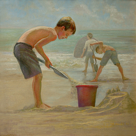 Judith Fritchman: 'Defending the Fort', 2009 Oil Painting, Children. Artist Description:  Young boys defend their fort from the incoming waves. ...