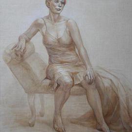 Judith Fritchman: 'Lady in Waiting', 1999 Other Painting, Figurative. Artist Description: Executed in Conte pencil, and sepia, black, and white oil paint on natural linen....
