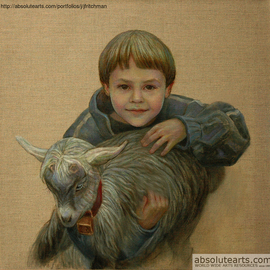 Judith Fritchman: 'New Friends', 2013 Oil Painting, Figurative. Artist Description:    OIl painting on natural linen of a young boy filled with joy and expectation about  making friends with a young goat. ...