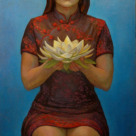 Judith Fritchman: 'Song of the Lotus', 2007 Oil Painting, Figurative. Artist Description:  A lovely young girl offers a Lotus, symbolizing spiritual growth and maturity. ...