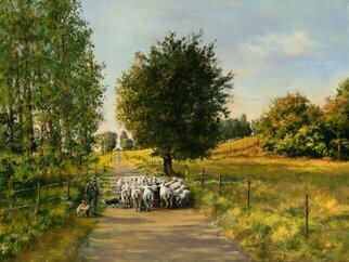 John Gamache: 'sheep herder', 2019 Oil Painting, Representational. Warm sunny afternoon in France, Shepherd, Dogs, leading Sheep home...