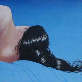 James Gwynne: 'Asleep', 2000 Oil Painting, Figurative. Artist Description: Back view of model with pony tail reclining simple blue background...